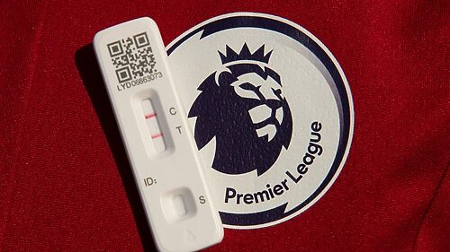 MANCHESTER, ENGLAND - DECEMBER 17: A positive lateral flow test for Covid 19 with the Premier League logo on December 17, 2021 in Manchester, United Kingdom. (Photo by Visionhaus/Getty Images)