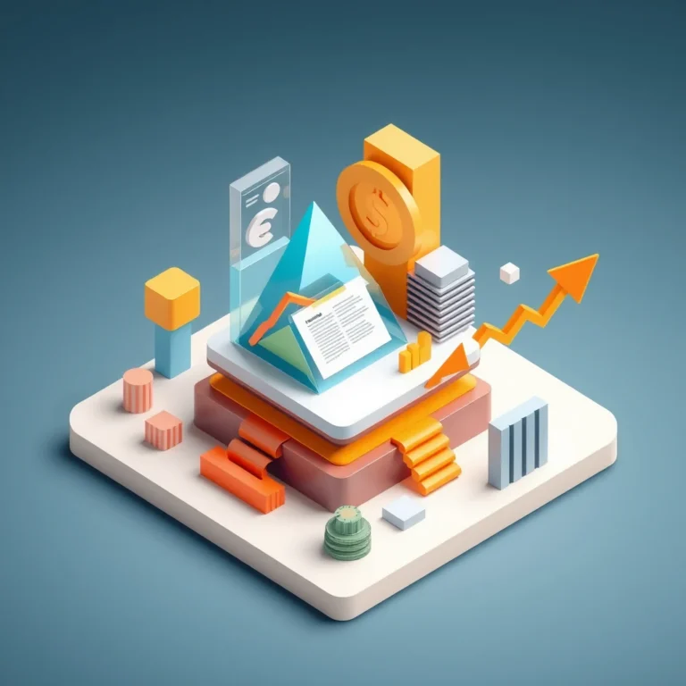 Illustration of a financial report, currency symbols and a rising chart